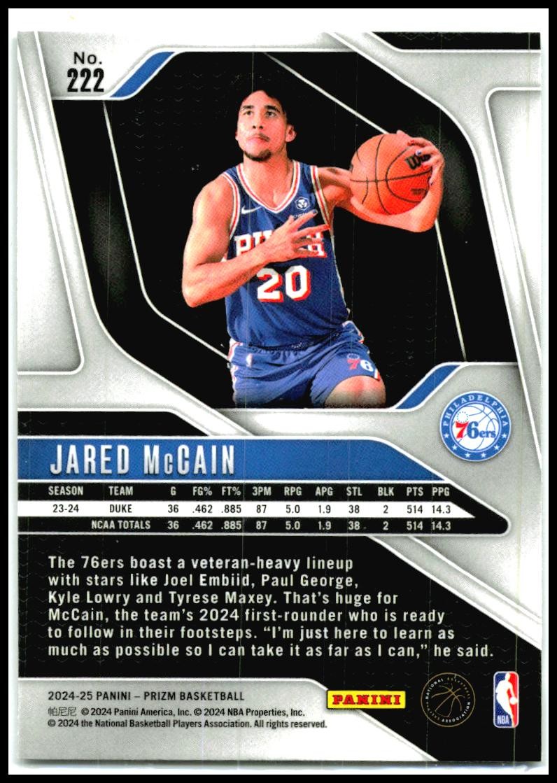 2024-25 Panini Prizm #222 Jared McCain Rookie Philadelphia 76ers