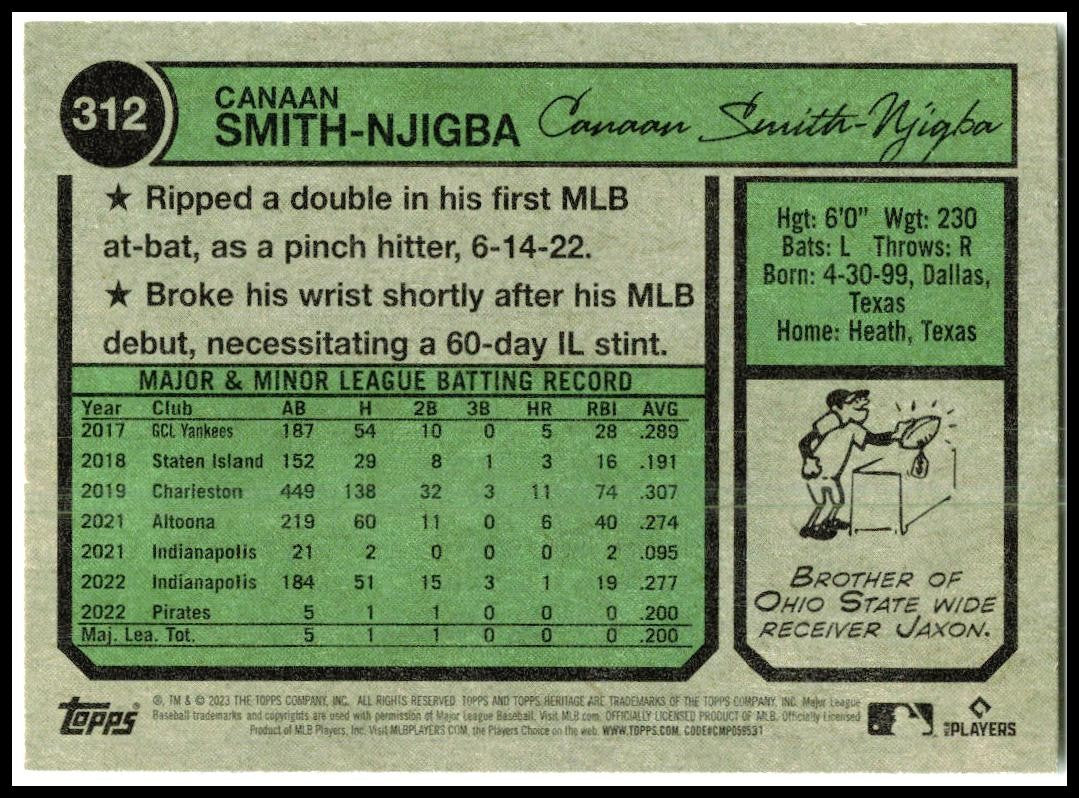 2023 Topps Heritage #312 Canaan Smith-Njigba Rookie Pittsburgh Pirates