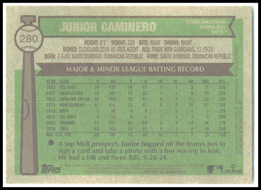 2025 Topps Heritage #280 Junior Caminero Rays