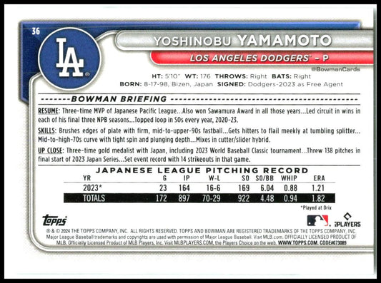 2024 Bowman #36 Yoshinobu Yamamoto Rookie Los Angeles Dodgers