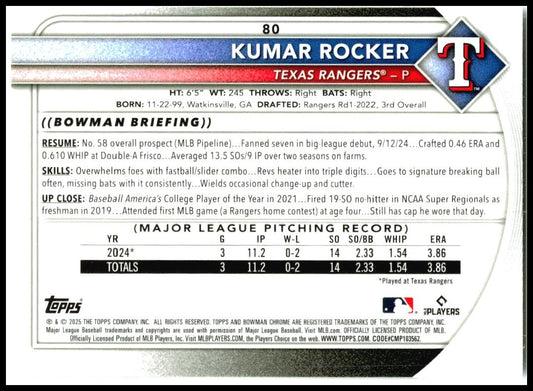 2025 Bowman Chrome Mojo Refractor #80 Kumar Rocker Rookie Texas Rangers