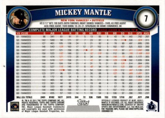 2011 Topps Chrome #7 Mickey Mantle New York Yankees