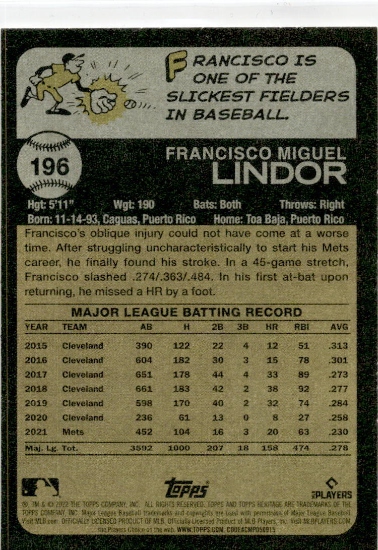 2022 Topps Heritage #196 Francisco Lindor