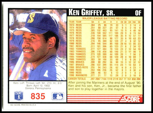 1991 Score #835 Ken Griffey, Sr. Seattle Mariners