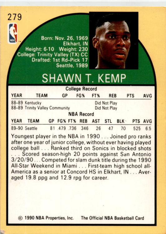 1990-91 Hoops #279 Shawn Kemp Rookie Seattle SuperSonics