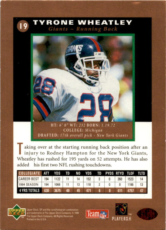 1995 SP #19 Tyrone Wheatley Rookie New York Giants