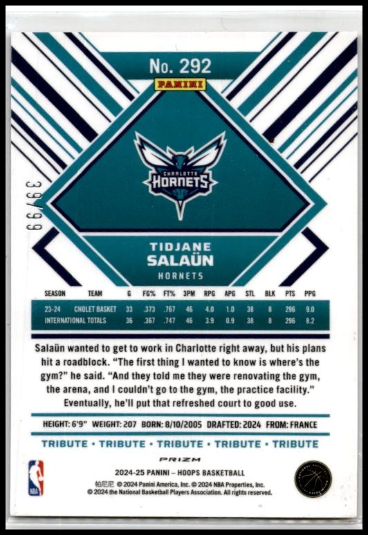 2024-25 Hoops Premium Prizms Red #292 Tidjane Salaun #/99 Charlotte Hornets