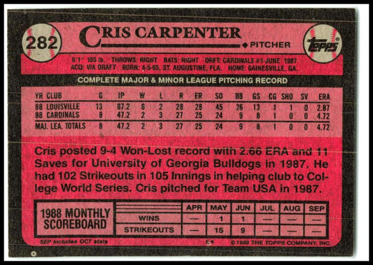 1989 Topps #282 Cris Carpenter Rookie St. Louis Cardinals