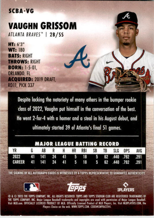 2023 Stadium Club Autographs #SCBA-VG Vaughn Grissom Auto Atlanta Braves