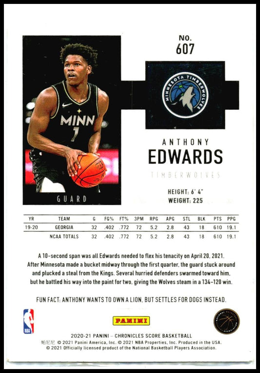 2020-21 Panini Chronicles #607 Anthony Edwards Rookie Minnesota Timberwolves