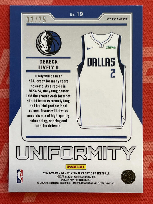2023-24 Contenders Optic UNIFORMITY BLUE ICE /75 #19 dereck lively ii Dallas