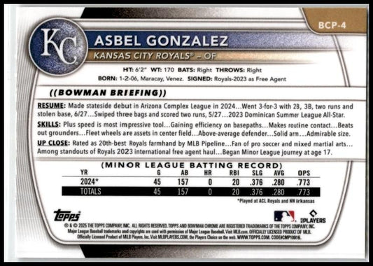 2025 Bowman Chrome #BCP-4 Asbel Gonzalez Royals