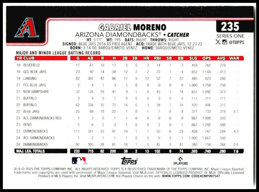 2025 Topps #235 Gabriel Moreno Arizona Diamondbacks
