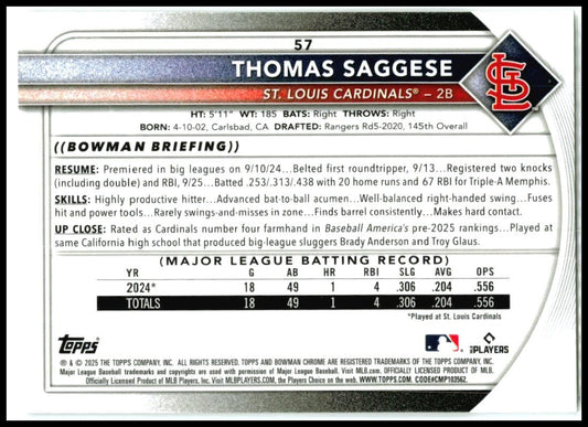 2025 Bowman Chrome Mojo Refractor #57 Thomas Saggese Rookie St. Louis Cardinals