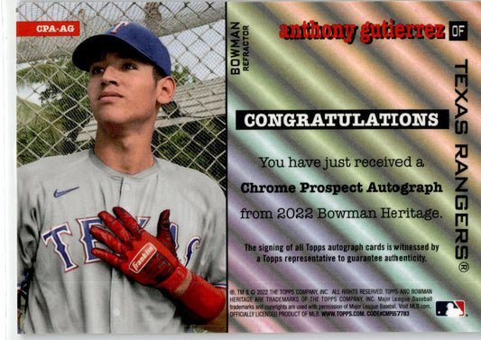 2022 Bowman Heritage #CPA-AG Anthony Gutierrez Auto Texas Rangers #/99