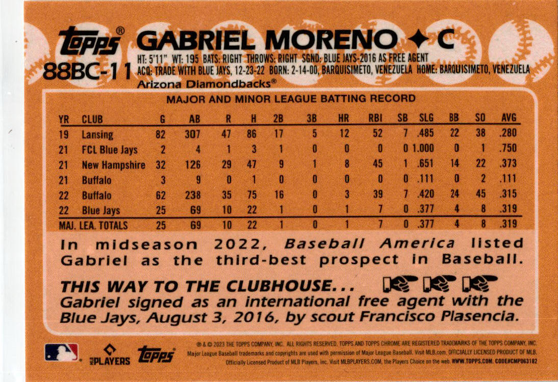 2023 Topps Chrome #88BC-11 Gabriel Moreno Arizona Diamondbacks