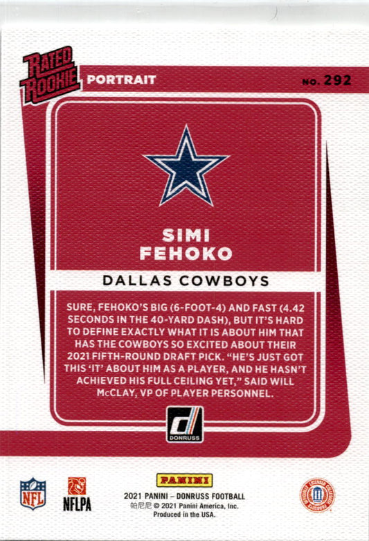 2021 Donruss Portrait Rated Rookie #292 Simi Fehoko Dallas Cowboys