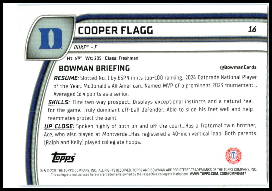 2024-25 Bowman University Chrome Sapphire Refractor #16 Cooper Flagg Dallas