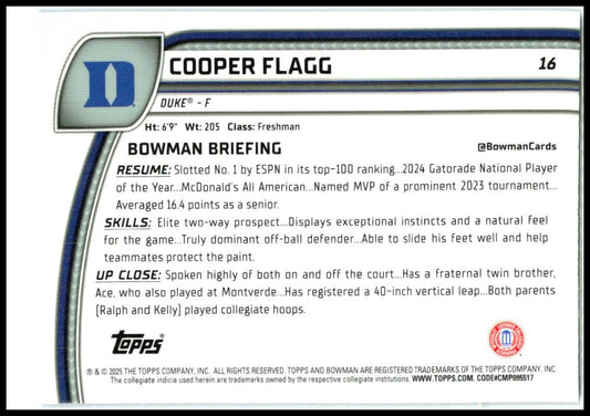 2024-25 Bowman University Chrome Sapphire Refractor #16 Cooper Flagg Dallas