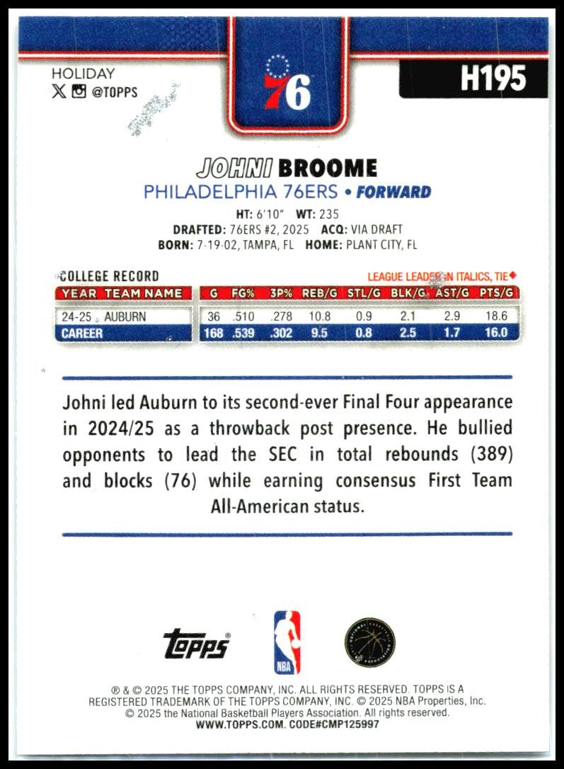 2025-26 Topps Holiday Glitter Holiday #H195 Johni Broome Rookie 76ers