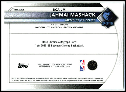 2025-26 Bowman Auto Refractor /499 #BCA-JM Jahmai Mashack Memphis