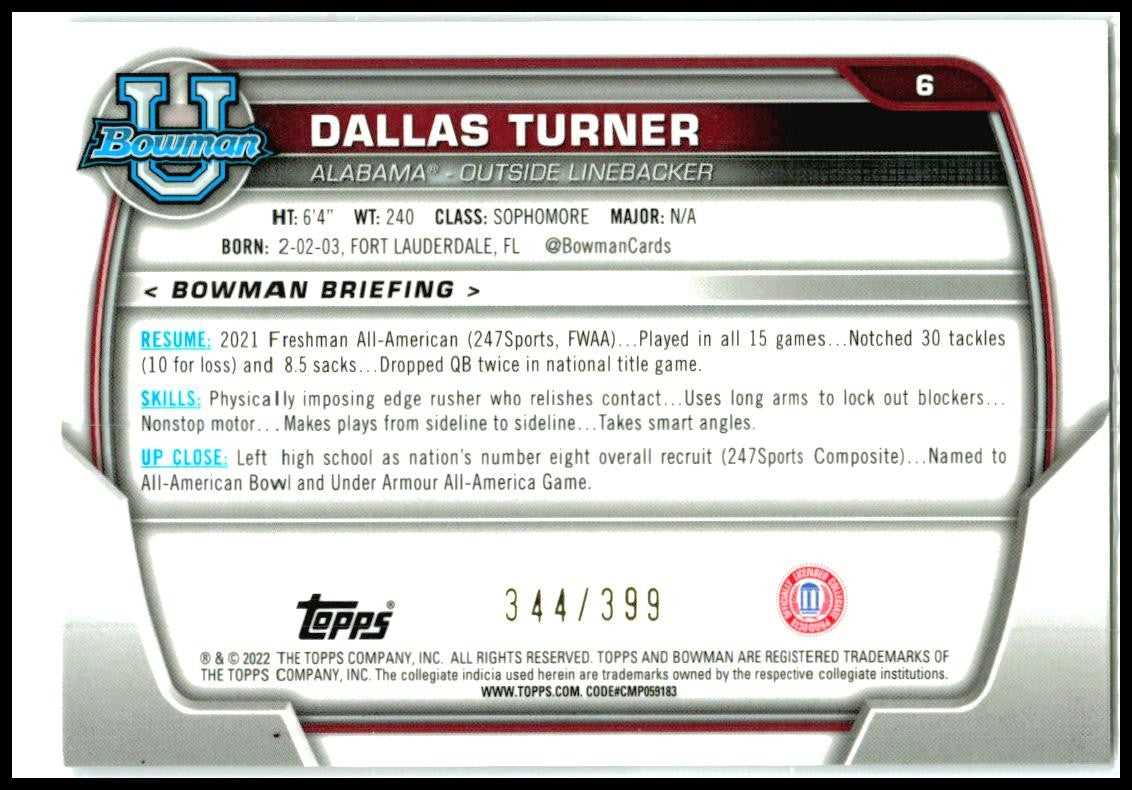 2022 Bowman University Chrome Purple Mini-Diamond #6 Dallas Turner Vking