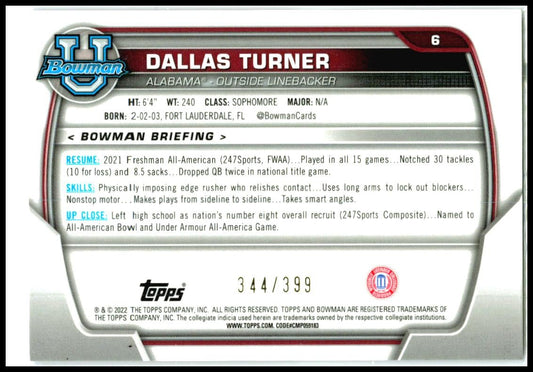 2022 Bowman University Chrome Purple Mini-Diamond #6 Dallas Turner Vking