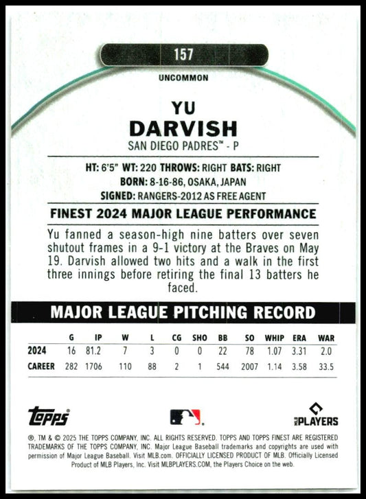 2025 Topps Finest Uncommon #157 Yu Darvish San Diego Padres