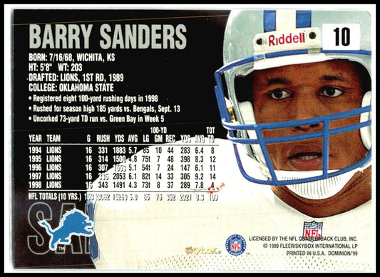 1999 SkyBox Dominion #10 Barry Sanders Detroit Lions