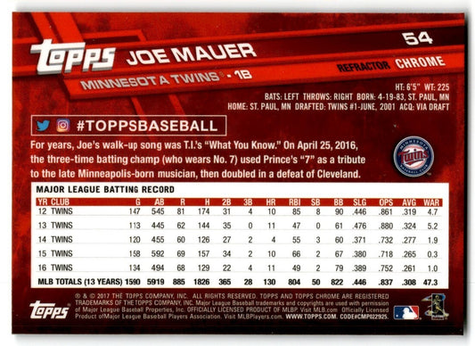 2017 Topps Chrome Sepia Refractor Joe Mauer Minnesota Twins #54