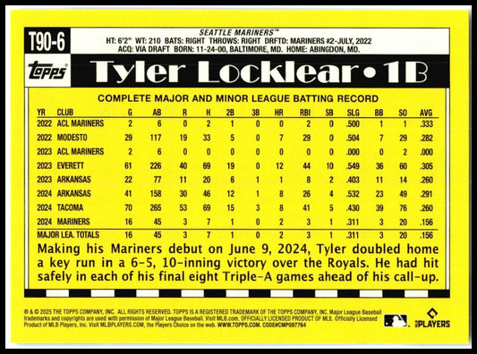 2025 Topps 1990 Topps 35th Anniversary #T90-6 Tyler Locklear Seattle Mariners