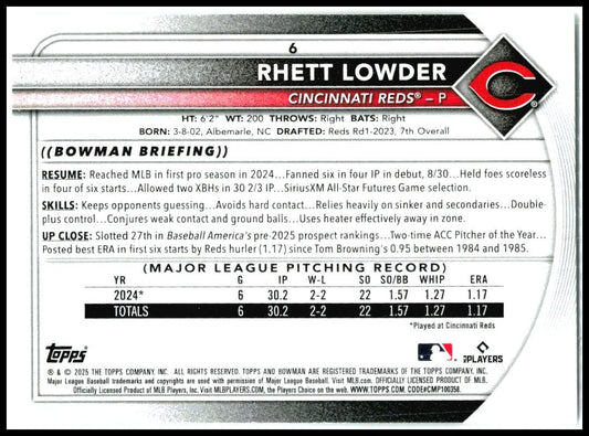 2025 Bowman #6 Rhett Lowder Rookie Cincinnati Reds