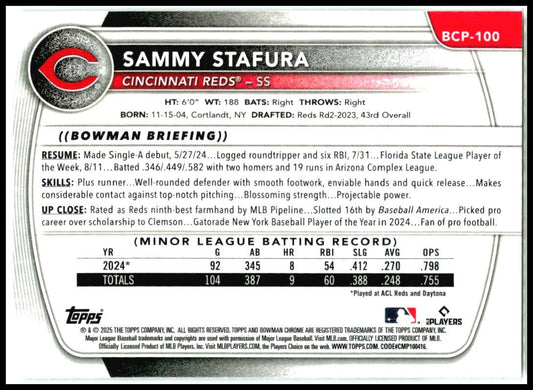 2025 Bowman Chrome #BP-100 Sammy Stafura Cincinnati Reds
