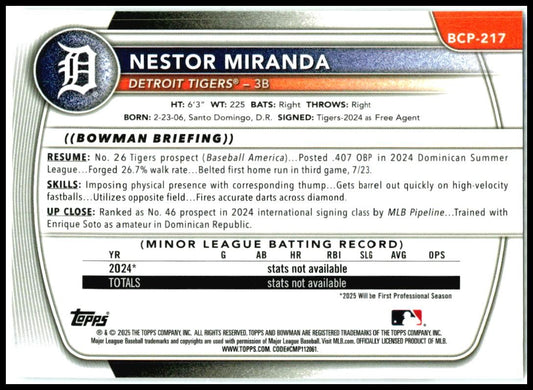 2025 Bowman Chrome #BCP-217 Nestor Miranda Tigers