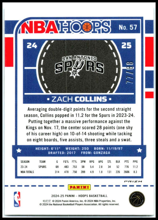 2024-25 Hoops Winter Blue Ice #57 Zach Collins San Antonio Spurs