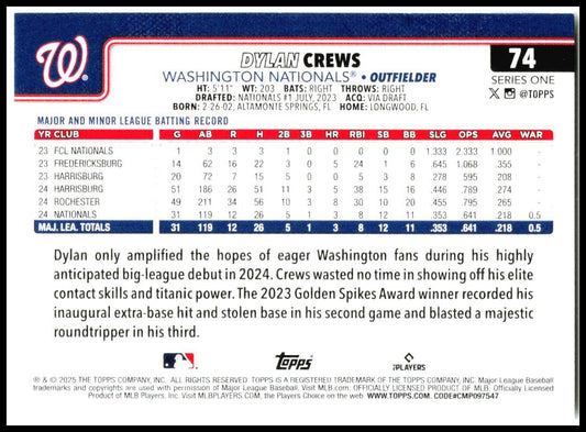 2025 Topps #74 Dylan Crews Rookie Washington Nationals