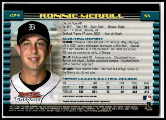 2002 Bowman Chrome #274 Ronnie Merrill Detroit Tigers