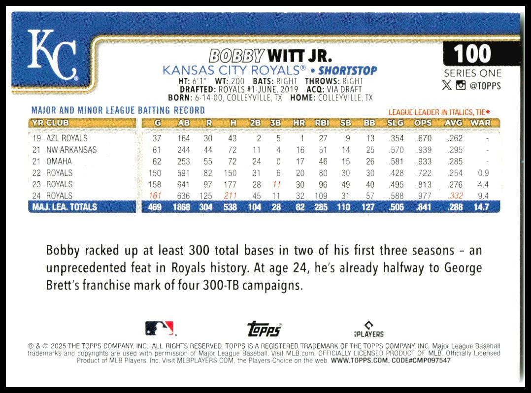 2025 Topps #100 Bobby Witt Jr. Kansas City Royals