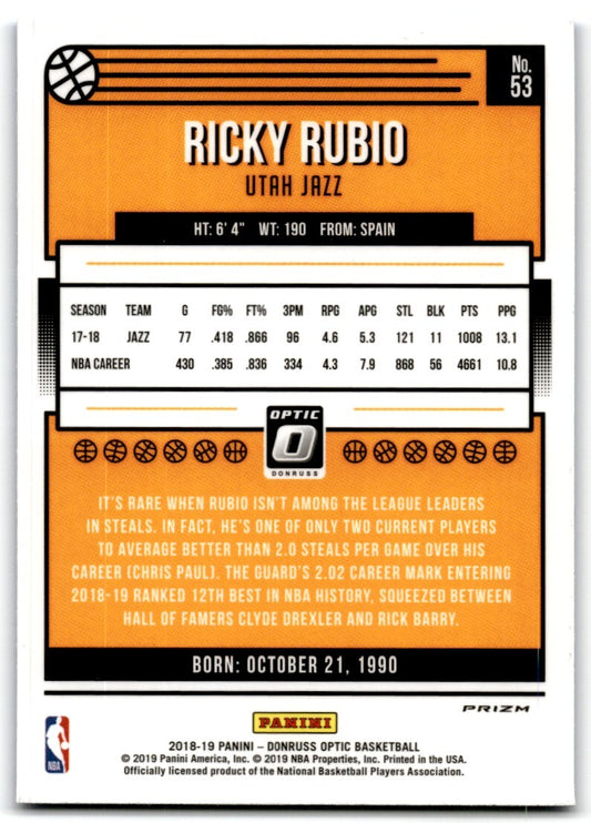 2018-19 Donruss Optic Blue Velocity Prizm Ricky Rubio Utah Jazz #53