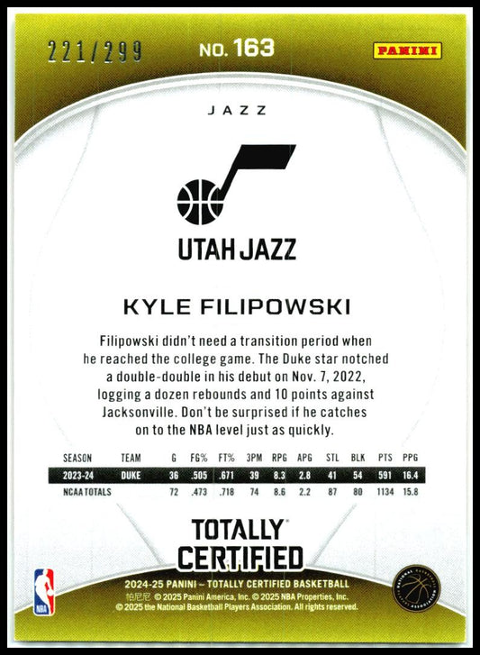 2024-25 Totally Certified Mirror Neon Orange #163 Kyle Filipowski Rookie Jazz