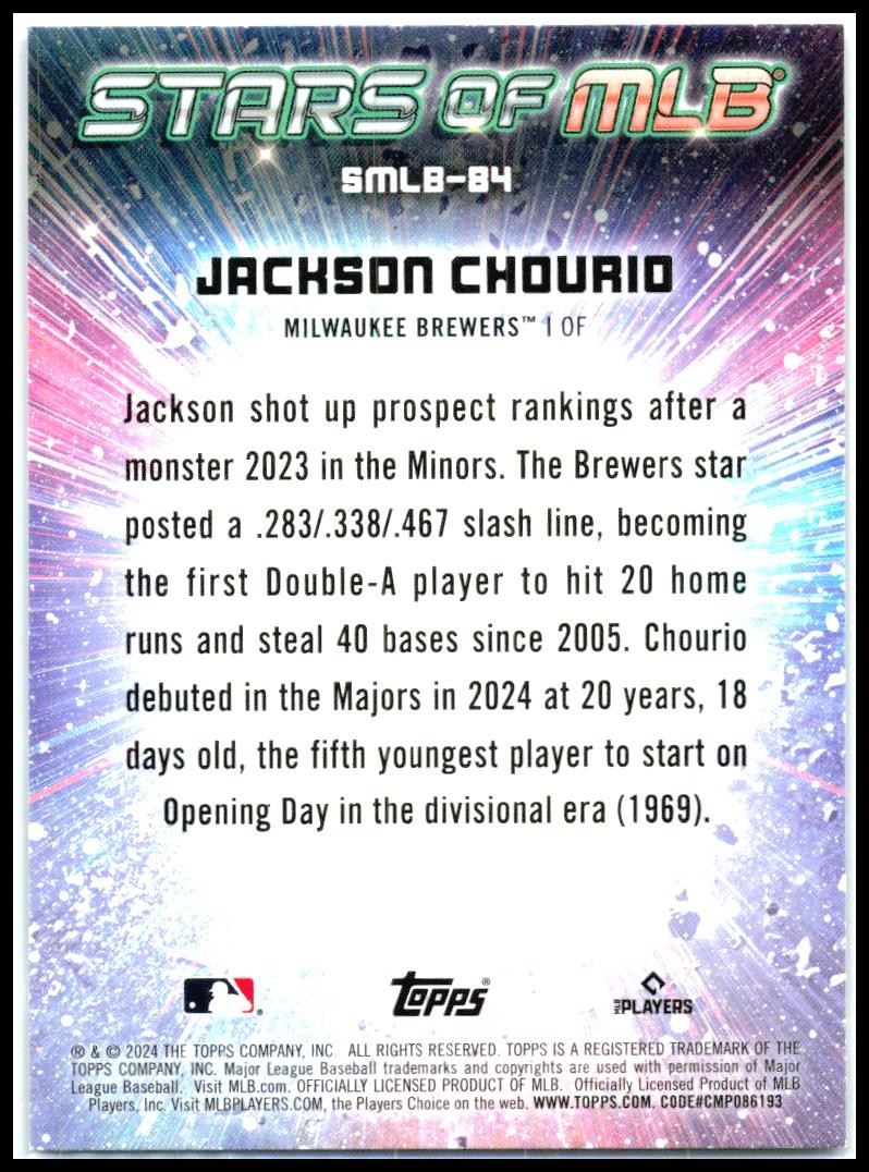 2024 Topps Update Stars of MLB #SMLB-84 Jackson Chourio Milwaukee Brewers