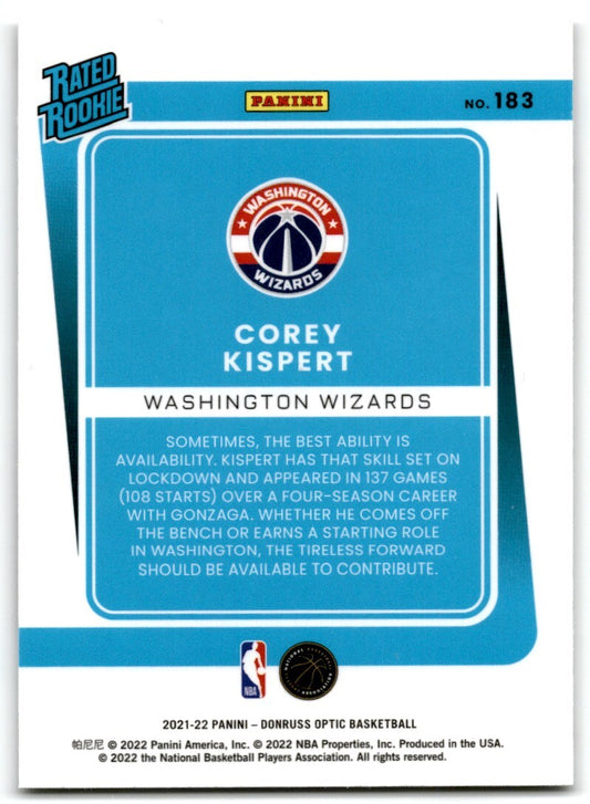 2021-22 Panini Donruss Rated Rookie Corey Kispert Washington Wizards #183