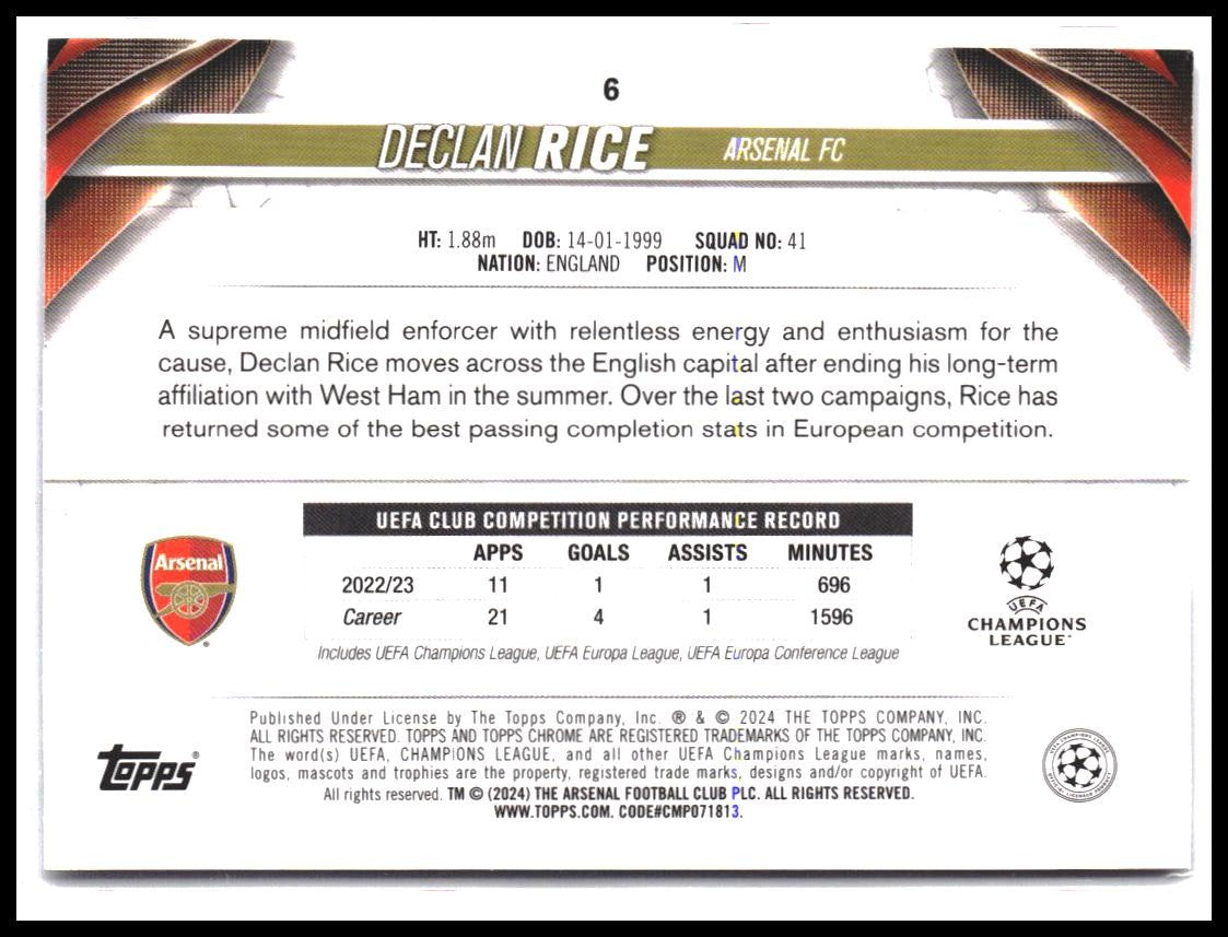 Declan Rice #6 2023-24 Topps Chrome UEFA Club Competitions