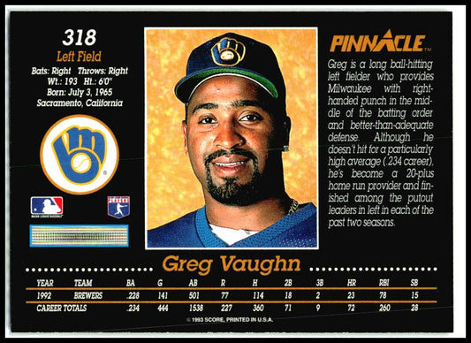 1993 Pinnacle #318 Greg Vaughn Milwaukee Brewers