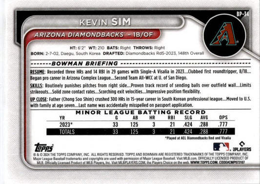 2024 Bowman #BP-34 Kevin Sim Arizona Diamondbacks