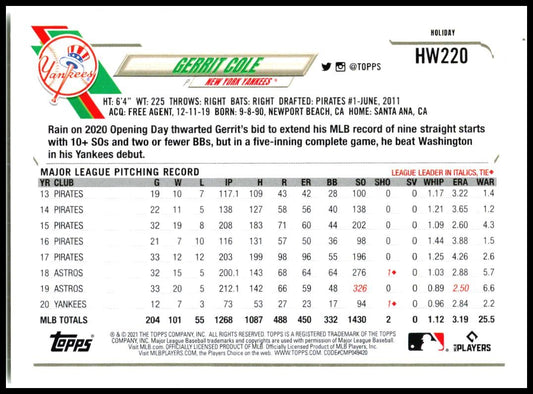 2021 Topps Holiday Metallic Holiday #HW220 Gerrit Cole New York Yankees