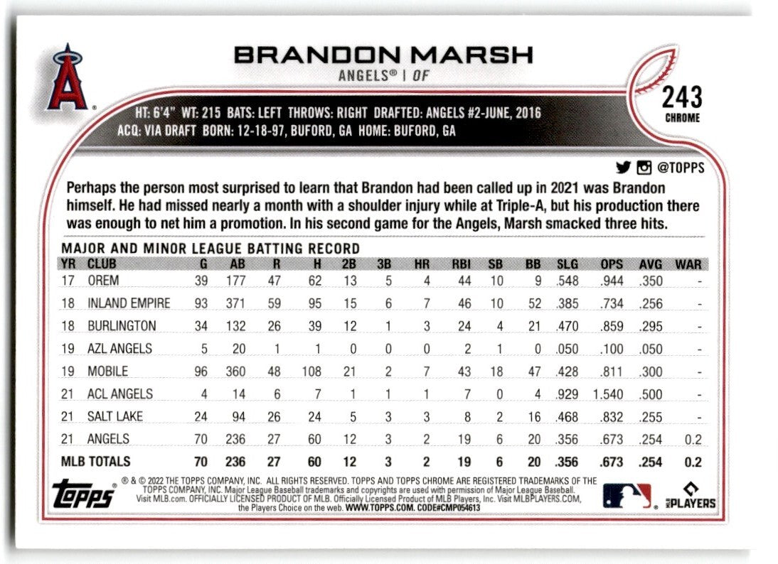 2022 Topps Brandon Marsh Los Angeles Angels #243