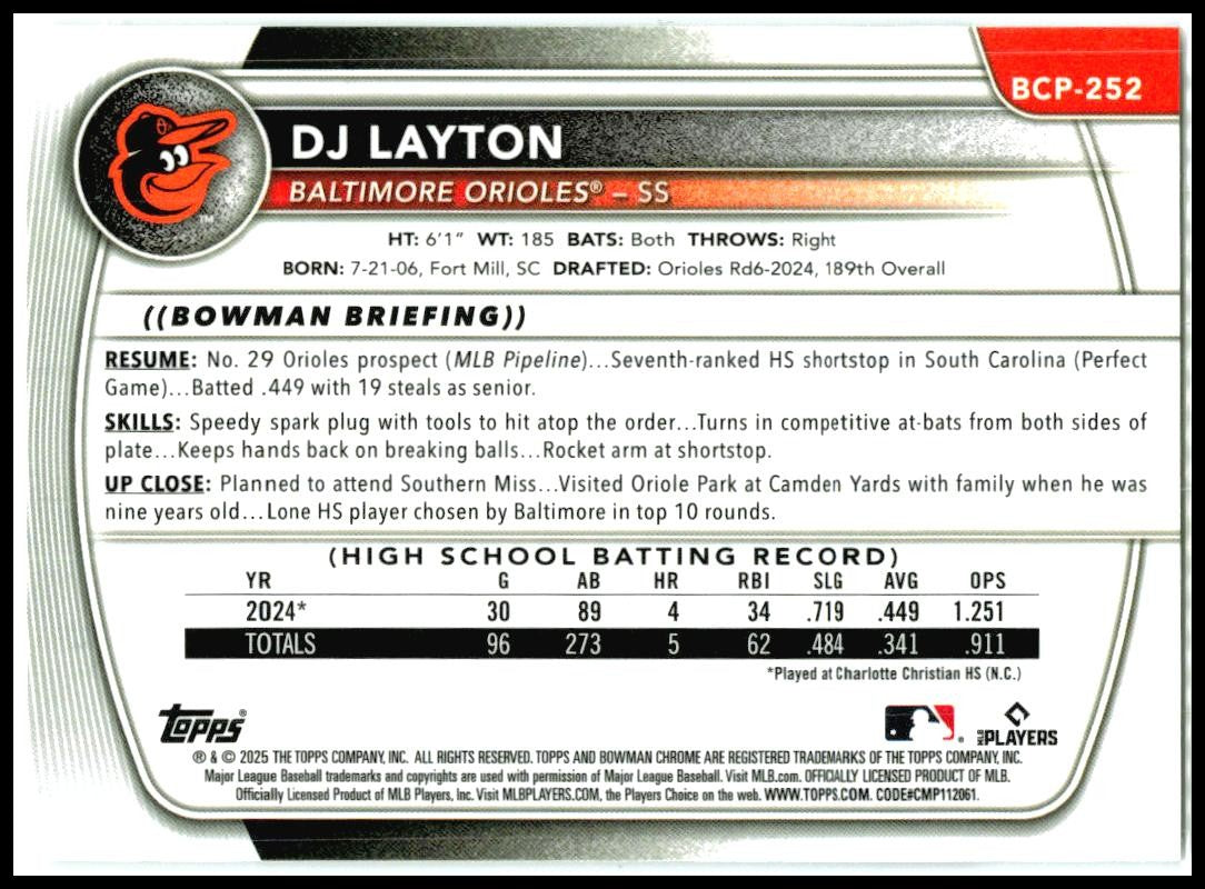 2025 Bowman Chrome #BCP-252 DJ Layton Baltimore Orioles