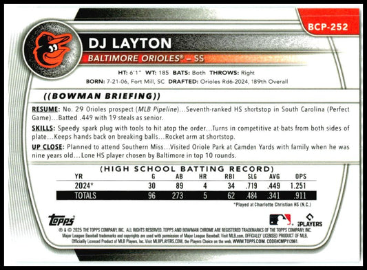 2025 Bowman Chrome #BCP-252 DJ Layton Baltimore Orioles