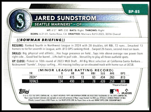 2025 Bowman Prospects #BP-85 Jared Sundstrom Seattle Mariners